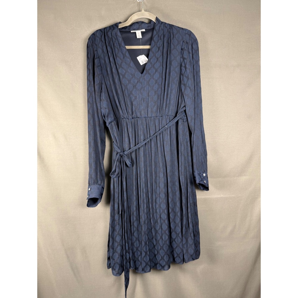 Motherhood Maternity Dress Women Large Blue Jacquard Pleated Long Sleeve V-Neck